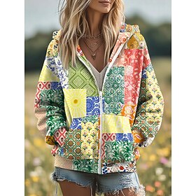 Sweat à capuche patchwork vintage boho imprimé 3D pour femmes zip-up floral à la mode décontracté manches longues capuche vêtement de rue quotidien patchwork p