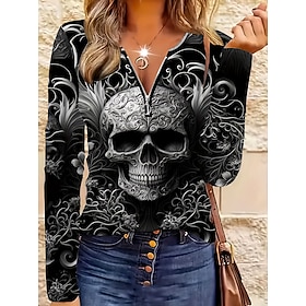 Halloween Women's T Shirt Skulls Graphic Elegant Vintage Stylish Long Sleeve V Neck Round Neck Notched Neck Regular Tops Daily Weekend Zipper Print Black Sprin