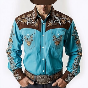 Men's Floral Print Ethnic Flowers Shirt Western Shirt Cowboy Shirt Long Sleeve Vintage Retro Outdoor Casual WorkWear Spring Fall Turndown Front Two Pockets Lin