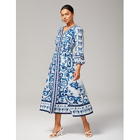 Weiblich Freizeitkleid Himmelblau Langarm Blumenmuster Frühling Frühling Herbst Herbst V Ausschnitt Böhmische Modern…: retailer-supplied image