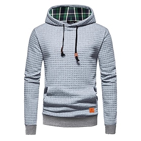 Men's Hoodie Waffle Hoodies Pullover Hoodie Sweatshirt Black White Gray Hooded Plain Patchwork Color Block Textured Sports Outdoor Casual Daily Polyester Stre