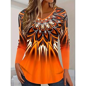 Women's T Shirt Print Ombre Graphic Abstract Vintage Stylish Classic Long Sleeve V Neck Regular Tops Daily Blue Red Orange Gray Spring Fall