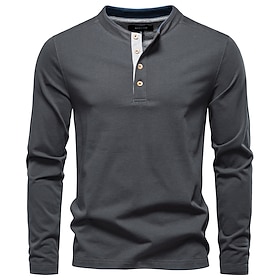 Men's Cotton Shirt Long Sleeve Solid Cool Daily Casual Buttons Henley School Training Outdoor All Seasons Dark Grey White Blue Henley T-Shirt