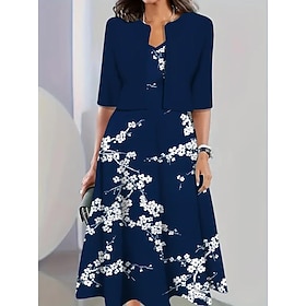 Per donna Insieme del vestito Abito a trapezio Casual Abiti semi formali Floreale Grafico Stampato Abito Midi Mezza Manica Girocollo Vacanza Data Blu 