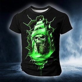 Men's Skull Ship 3D T Shirt Short Sleeve T shirt 3D Print Crew Neck Shirt Exaggerated Designer Horror Party Street Lake Blue Blue Orange Summer Spring Clothing