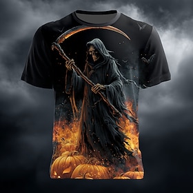 Halloween Men's Optical Illusion Grim Reaper Reaper T Shirt Short Sleeve T shirt 3D Print Crew Neck Shirt Exaggerated Designer Horror Party Street Holiday Blue