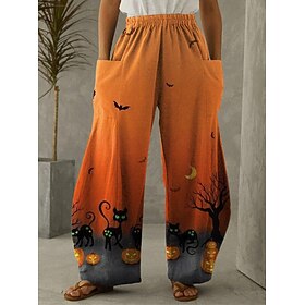 Halloween Women's Cotton Linen Pants Vacation Vintage Ethnic Style Full Length Mid WaistPantsCat Pumpkin Printing Comfy Inelastic Vacation Street Causal Ash Bl