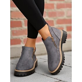 Women's Gray Faux Suede Ankle Boots – Side Zip Closure, Non-Slip Lug Sole, Stylish Fall Winter Streetwear