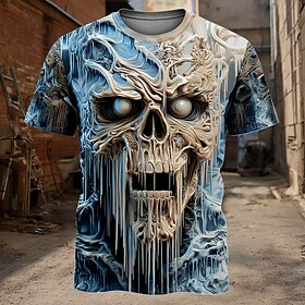 Halloween Men's Optical Illusion Cool Skulls 3D T Shirt Short Sleeve T shirt 3D Print Crew Neck Shirt Exaggerated Designer Horror Party Street Club Blue Purple