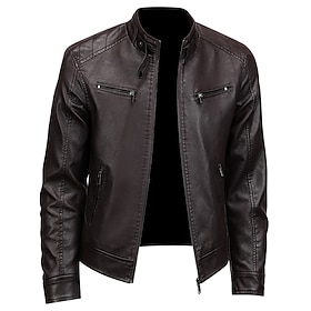Men's Faux Leather Jacket Motorcycle Jacket Outdoor Vacation Warm Zipper Pocket Fall Winter Plain Fashion Streetwear Standing Collar Regular Black Wine Brown C