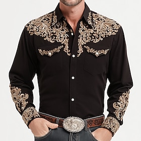 Men's Scroll Floral Print Ethnic Shirt Western Shirt Cowboy Shirt Long Sleeve Vintage Retro Casual Outdoor WorkWear Spring Fall Turndown Front Two Pockets Line