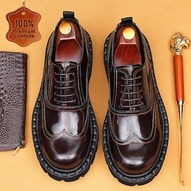 Men's Genuine Leather Derby Dress Shoes Classic Brown Lace-Up Business Formal Oxford Footwear for Office and Weddings