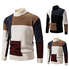 Men's Sweater Pullover Sweater Jumper Ribbed Knit Short Color Block Knitted Plain Turtleneck Knitwear Contemporary Casual Daily Wear Clothing Apparel Fall Wint