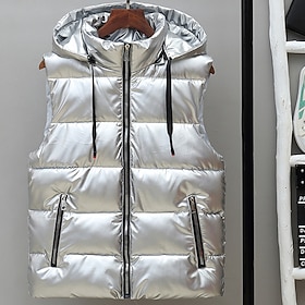 Men's Puffer Vest Vest Gilet Vacation Daily Date Fashion Casual Fall  Winter Pocket Nylon Warm Comfortable Solid Color Zipper Hooded Regular Fit Silver Black R