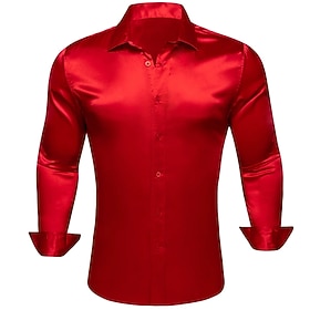 Homme Chemise Comme de la soie Chemise en satin Chemise habillée Chemise Décontractée Chemise Boutonnée Uni Vêtements de rue Mariage Rouge manche longue Revers