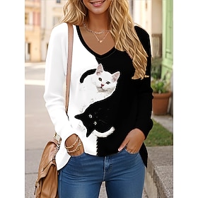 Women's T shirt Long Sleeve Graphic Animal Cat Vintage Stylish Classic Long Sleeve V Neck Regular Tops Daily Print Black Spring Fall Prefall