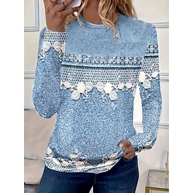 Women's T shirt Long Sleeve Floral Graphic 3D Vintage Stylish Casual Long Sleeve Crew Neck Round Neck Regular Tops Daily Print Light Blue Fall Winter Prefall