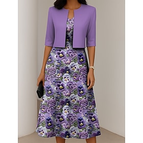 Per donna Insieme del vestito Abito a trapezio Elegante Casual Floreale Grafico Stampato Abito Midi Mezza Manica Girocollo Vacanza Formale Blu Viola B
