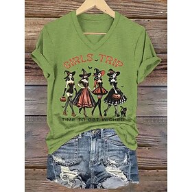 Halloween Women's T shirt Witch Graphic Skull Vintage Stylish Classic Short Sleeve V Neck Regular Tops Daily Print Black White Purple Orange Green Summer Sprin