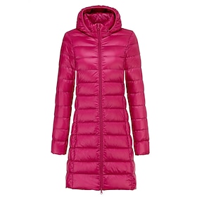 Women's Down Jacket Coat Warm Comfortable Zipper Fashion Plain Vacation Street Daily Wear Zipper Long Hooded Regular Fit Long Sleeve Outerwear Black Pink Blue