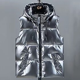 Men's Puffer Vest Vest Gilet Vacation Daily Date Fashion Casual Fall  Winter Pocket Polyester Warm Comfortable Solid Color Zipper Hooded Regular Fit Silver Bla