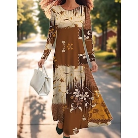 Women's Maxi Dress Sheath Dress A Line Dress Casual Boho Wedding Guest Daily Going out Regular Fit Floral Graphic Long Sleeve Crew Neck Brown Spring Fall Winte