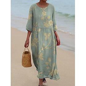 Women's Maxi Dress Kaftan 3/4 Length Sleeve Crew Neck Casual Shift Dress A Line Dress Dress Boho Daily Holiday Date Floral Graphic Dark Yellow Light Pink Yello