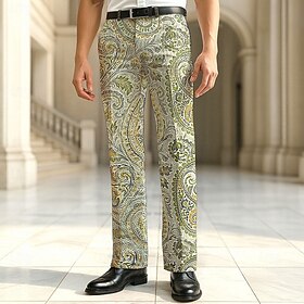 Men's Dress Pants Trousers Suit Pants Paisley Floral Print Flowers Full Length Outdoor Vacation Daily Retro Vintage Light Green Blue Micro-elastic