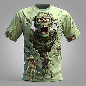 Halloween Men's Optical Illusion Zombies 3D T Shirt Short Sleeve T shirt 3D Print Crew Neck Shirt Exaggerated Designer Horror Party Street Holiday Blue Green 1