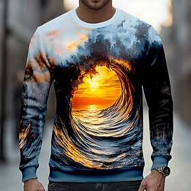 Men's Optical Illusion 3D Sweatshirt Casual Long Sleeve Crew Neck Vacation Party Gift Blue Dark Blue Crewneck 3D All Seasons Designer S M L XL XXL XXXL