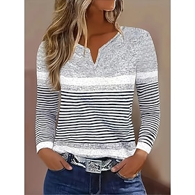 Women's T Shirt Print Graphic Geometric Striped Vintage Stylish Classic Long Sleeve V Neck Notched Neck Regular Tops Daily Weekend Black and White Dusty Blue G