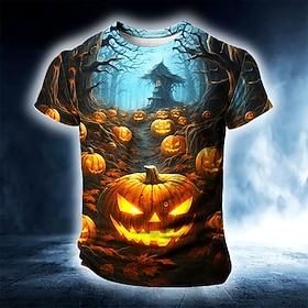 Halloween Men's Pumpkin 3D T Shirt Short Sleeve T shirt 3D Print Crew Neck Shirt Exaggerated Designer Horror Party Street Holiday Dark Blue#1 Summer Spring All