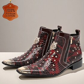 Men's Red Snake Print Genuine Leather Pointed Toe Boots – Exotic Western Cowboy Style for Parties Festivals