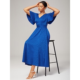 Women's Wedding Guest Royal Blue Maxi Dress V Neck Subtle Jacquard Lustrous Satin Elegant Stylish Noble Waist Cinching Slim Fit Party Daily Fall