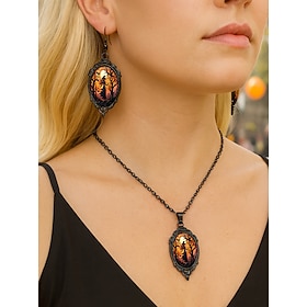 Women's Halloween Witch Jewelry Set – Gothic Black Pendant Necklace and Earrings with Full Moon Design for Party, Cosplay and Nightlife