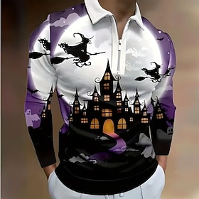 Halloween Men's Spooky Moon Witch Castle Polo Long Sleeve Turndown Vintage Style Modern Casual Sports  Outdoor Athleisure Casual Daily Zipper 3D Print Spring F