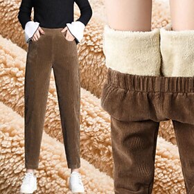 Women's Fleece Pants Corduroy Pants Slacks Streetwear Casual Full Length Natural Plain Pocket Elastic Waist Comfortable Outdoor Vacation Daily Wear Grey Black