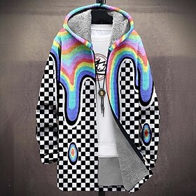 Men's Plaid / Check Winter Coat Fleece Jacket Coat Thermal Warm Comfortable Casual Daily Wear Zipper Pocket 3D Print Fall Winter Hooded Long Sleeve Rainbow