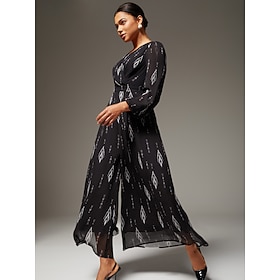 Women's Jumpsuit Black Chiffon Printed Wide Leg V Neck Waist Cinching Elegant Stand Out Destination Wedding Guest…: retailer-supplied image
