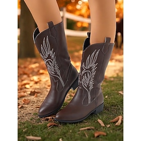 Women's Blue Denim Western Cowboy Boots with Embroidered Detail – Mid-Calf Pointed Toe Boots for Music Festivals, Rodeo Events and Country Style Outfits