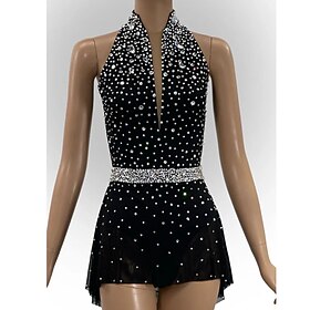 Figure Skating Dress Women's Girls' Ice Skating Dress Black Open Back Asymmetric Hem Mesh High Elasticity Training Competition Skating Wear Classic Crystal / R