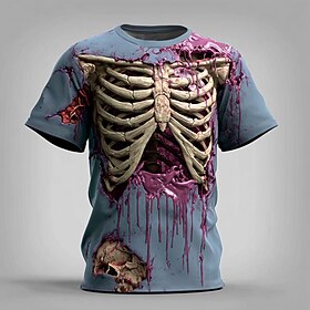 Halloween Men's Optical Illusion 3D Skeleton T Shirt Short Sleeve T shirt 3D Print Crew Neck Shirt Exaggerated Designer Horror Party Street Holiday Yellow Blue