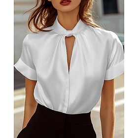 Women's Shirt Elegant Dressy Satin Cut Out Plain Stylish Modern Short Sleeve V Neck Regular Tops Holiday Going out White Black Red Navy Blue Fall