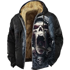 Halloween Men's Grim Reaper Reaper Fleece Hoodie Sweatshirt Vintage Retro Long Sleeve Crew Neck Outdoor Streetwear Red Blue Brown Green Drawstring Fall Winter