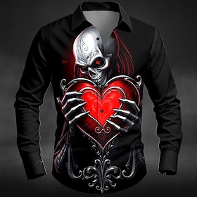 Halloween Men's Heart Skull Costumes Shirt Button Up Shirt Long Sleeve Dark Punk Gothic Style Outdoor Holiday Summer Spring Turndown 3D Print Collared Shirts R