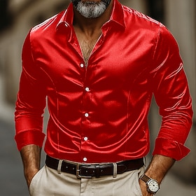 Men's Shirt Silk Like Satin Shirt Dress Shirt Casual Shirt Button Up Shirt Plain Streetwear Business Navy Blue Long Sleeve Collar Spring   Fall All Seasons Clo