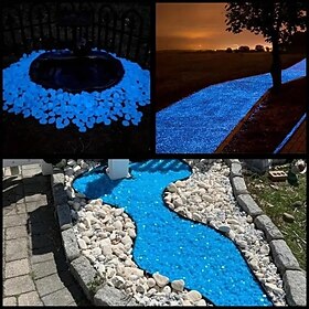 500pcs Glow in The Dark Garden Pebbles Blue, Luminous Solar Powered Stones for Outdoor Pathway Yard Walkway Decoration, Non-Toxic Glow Rocks for Landscape Ligh