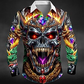 Halloween Men's Skull Dragon Flame Shirt Button Up Shirt Long Sleeve Dark Punk Gothic Style Outdoor Holiday Summer Spring Turndown 3D Print Collared Shirts Pur