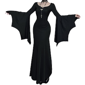 Gothic Maxi Dress Bell Sleeve Witch Morticia Addams Lace Corset Fancy Dress Women's Fantasy Halloween Carnival Performance Party Adults Dress