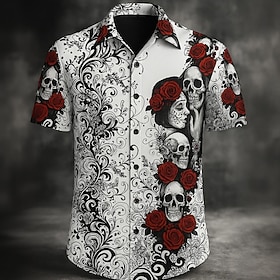 Halloween Men's Skull Costumes Shirt Button Up Shirt Short Sleeve Dark Punk Gothic Style Holiday Summer Spring Turndown 3D Print Collared Shirts Black White